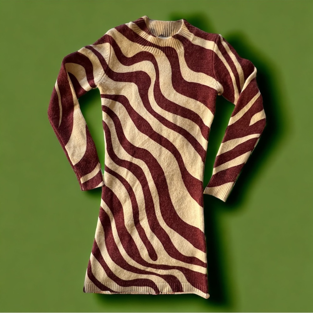 Zara Burgundy Cream Zebra Jacquard Knit Mini Dress S NWOT